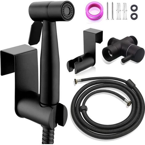 Kit hygiène + robinet 3 voies - Kit Douchette WC,Pulvérisateur de bidet à main, Douchette Toilette WC Eau Chaude et Froide avec Flexible et Support, Noir, (1/5)