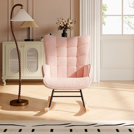 Wippstuhl aus Teddyvelours, abnehmbarer Bezug, Holz- und Metallstruktur, 150 kg, rosa, Luxus und Komfort