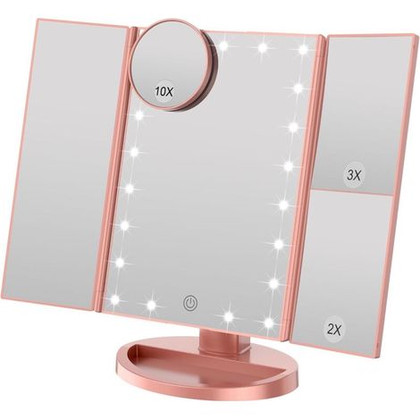 Kosmetikspiegel mit einstellbarer Helligkeit, 22 LEDs und 1-facher/2-facher/3-facher Vergrößerung, dualer Stromversorgungsmodus (Roségold) (1/5)