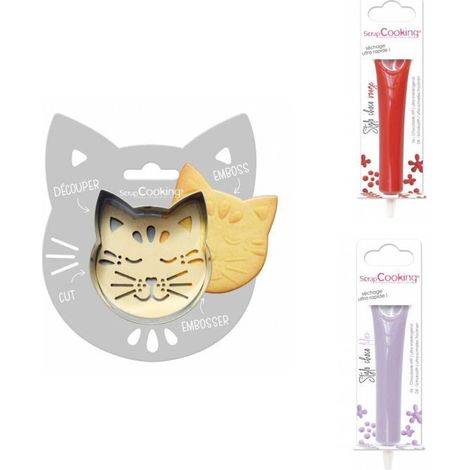 Kit pour biscuit en relief Chat + 2 Stylos au chocolat rouge et lilas
