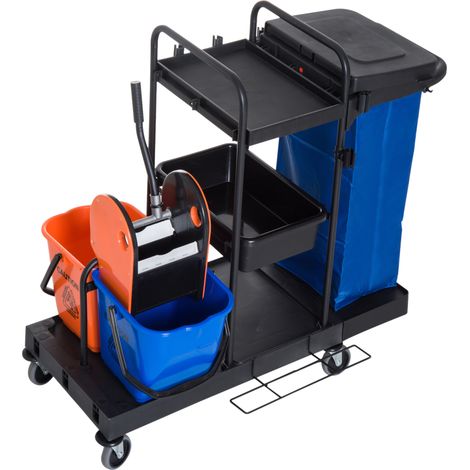 Chariot de nettoyage à 3 niveaux, chariot à balai avec presse-serpillière, 2 seaux de 18 L, sac à déchets et 4 roues pour le nettoyage des hôtels, des restaurants et des bâtiments. (1/5)