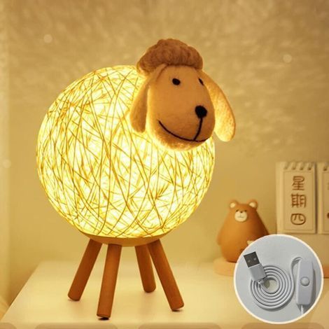 Veilleuse LED, Mouton Lampe de Chevet en Rotin, Veilleuse Enfant Projecteur, Lampe Nuit LED pour Chambre, Chambre Bébé, Salon, Cadeau, 110cm USB/Interrupteur Poussoir [Classe énergétique A++],de DEBUN (1/3)
