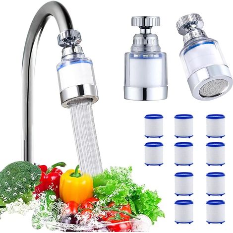 Filtre eau Robinet Anti Calcaire Rotatif à 360° + 10 Éléments Filtrants en Coton PP pour Cuisine, Salle De Bain, L'Évier (1/5)