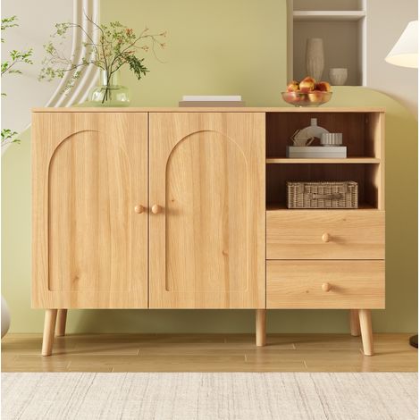 Credenza 118x35x82 cm, ante curve, 2 cassetti, vani aperti, maniglie in legno, naturale (1/5)