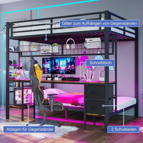 Lit mezzanine 90×200 & 140×200 cm noir,cadre fer,tiroirs,étagères,grille suspension,bureau,barre LED 7 couleurs,port USB,sans matelas