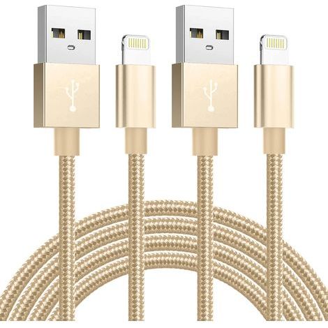 Lot de 2 câbles USB pour iPhone 14, 13, 12, 11 Pro Max, X, XR, 6s, 7, 8 Plus et iPad. Câble de 1 m pour charge rapide et transfert de données. Couleur or. (1/5)