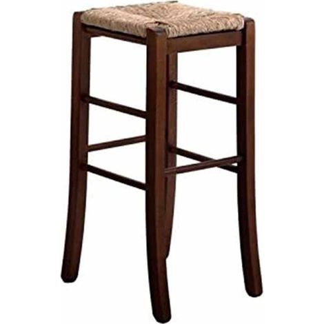 Sgabello h 67 cm in legno noce scuro seduta quadrata in paglia gambe a sciabola