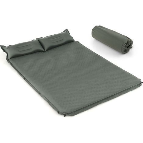 Matelas de Camping Autogonflant 2 Personnes avec 2 Oreillers 187x131x4 CM et Sac Portable en PVC Imperméable pour Randonnées Vert Maison Chic