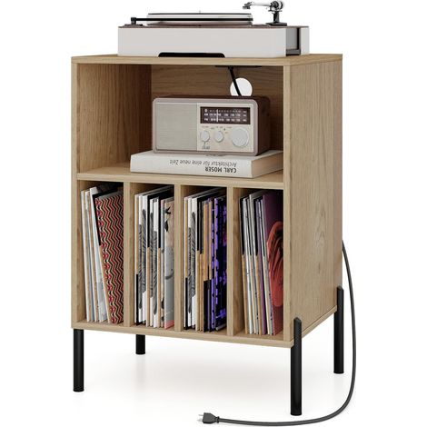 Support pour Tourne-disques, 53 x 45 x 78,5 cm, étagère de présentation avec Station de Charge, Support pour disques vinyles avec étagère, 4 cloisons et Pieds en métal, pour Bureau, Salon (1/5)