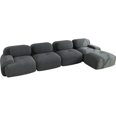 Canapé d'angle modulable 4 places en mousse haute résilience 32D, tissu velours côtelé gris, sans cadre, avec chaise longue et accoudoirs larges (1/5)