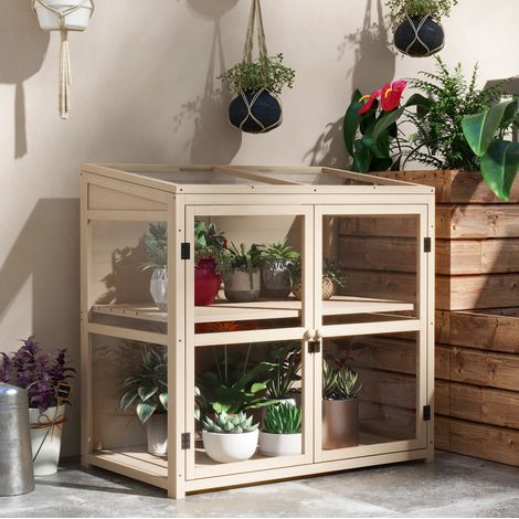Invernadero de madera 103x61x95 y 103 cm, de dos niveles, puertas dobles magnéticas, techo abatible, madera natural (1/5)