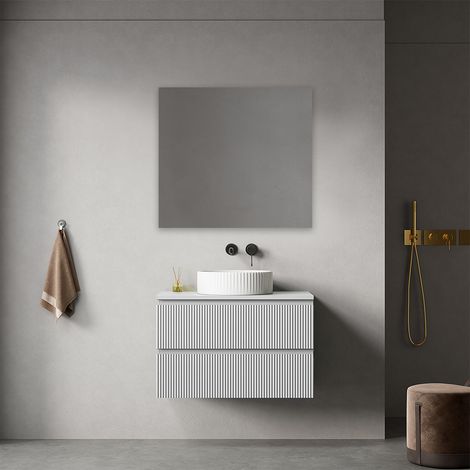 Mobile bagno sospeso cannettato 80 cm Bianco Opaco per Lavabo d'appoggio Specchio Quadro - Fiji Paint Top Canneté (1/4)