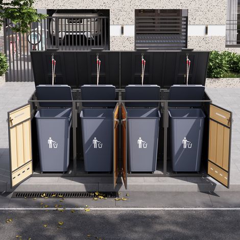 Copri bidoni da esterno 4 posti per 4 bidoni da 120-240 L, con fori di ventilazione, vani portaoggetti, chiudibile a chiave, 4 ante