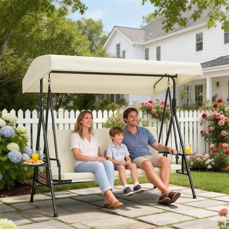 Balancelle jardin 3 places, grand confort avec auvent orientable réglable, 2 tablettes latérales, coussins fournis, armature acier et polyester
