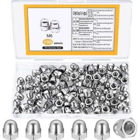 100 Pièces M6 Écrous Borgnes, Ecrous Borgne Hexagonal en Acier Inoxydable, boulons et tiges filetées, Écrous à Dôme Hexagonaux à Tête Bombée pour Voiture Moto Vélo(Argent) (1/5)