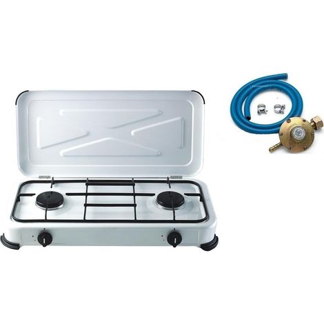 FORNELLO BIANCO 2 FUOCHI GAS BOMBOLA + 1 REGOLATORE +TUBO 2 MT + 2 FASCETTE (1/2)