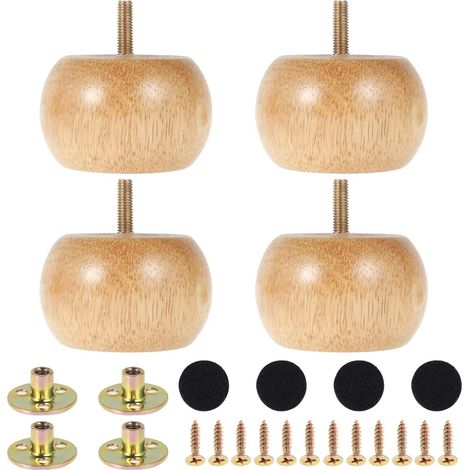Juego de 4 patas de madera maciza para muebles, de 5 cm, con 4 tornillos patas redondas con relieve para muebles, sillas y mesas patas de repuesto para armarios, sillones, cómodas y soportes de TV