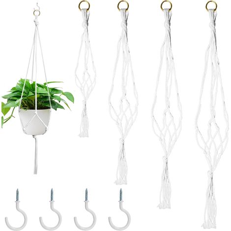 Indoor Plant Hanger, 4-Piece Macrame Hanging Pot Set, Outdoor Plant Hanger with 4 Metal Hooks for Indoor and Outdoor Use, Garden, Balcony, Patio, Window, Beige (1/5)