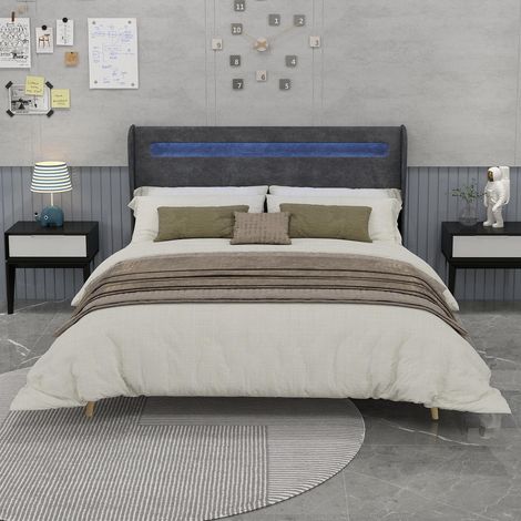 , Lit rembourré moderne et minimaliste avec tête de lit souple intégrant un éclairage LED,  160x200cm,  gris,  meuble de chambre multifonctionnel,  sommier bas sans rangement (sans vérin à gaz)...