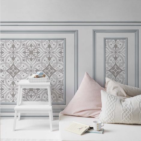Papier peint intissé gris motif arabesque, décoratif unique, imitation boiseries, 75 cm X 200 cm (1/2)