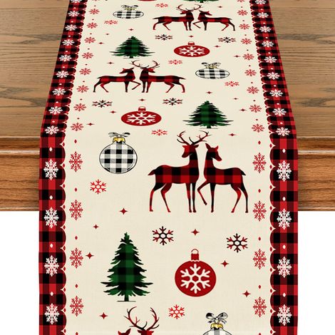 Chemin de Table de Noël, Lavable Chemin de Table Noël, 33 x 180 CM Chemin Table, Bonhomme de Neige Decoration Table (Élan) (1/5)