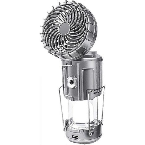 Lanterne solaire de camping 6 en 1 (argentée) avec ventilateur et lampe LED portable pour la randonnée et la pêche en extérieur. (1/5)