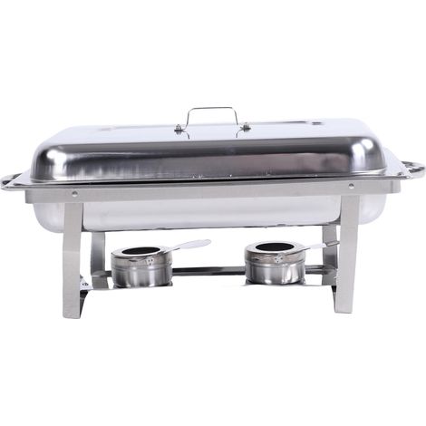 CHAUFFE-PLAT RECTANGULAIRE INOX AVEC BRÛLEURS À ALCOOL, BUFFET TRAITEUR, 65X32X36CM, ARGENT (1/5)
