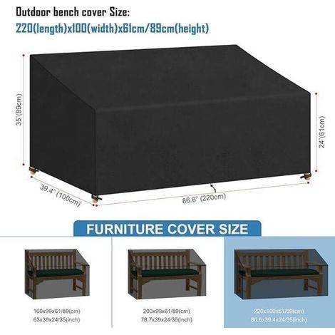 Housse Banc de Jardin 3 Places 220x100x61/89cm Imperméable, Housse Canape de jardin Exterieur, housse salon jardin Tissu Oxford, Coupe-Vent, Anti-UV, avec Boucle, Noir (1/5)
