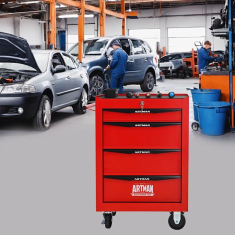 Carro de taller móvil 60 x 33 x 77,5 cm de acero rojo y negro, 4 cajones, para garaje – MEUBLIV (1/5)