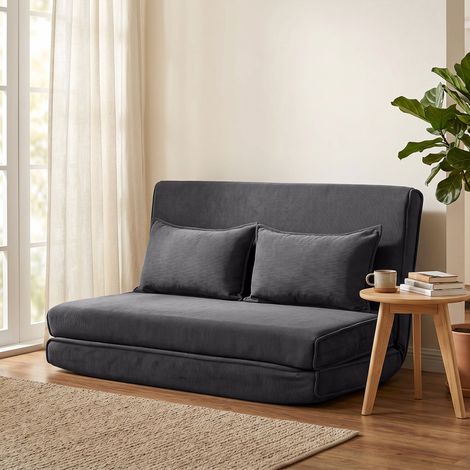 Canapé Convertible 2 Places Pliant, Méridienne Velours Côtelé Gris, Dossier Inclinable, Coussin Inclus, Siège Confortable, Fauteuil Lit avec Oreillers (1/5)