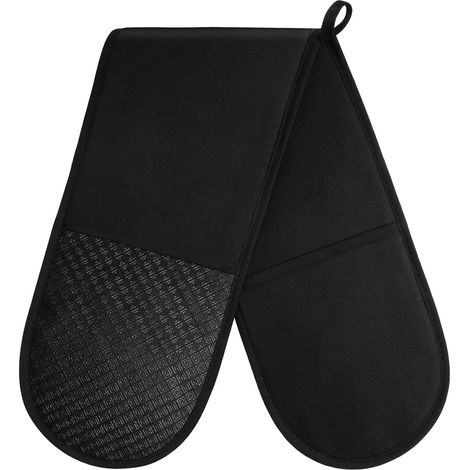 Gant de Cuisine Deluxe Double, 250°C/482°F Résistant à la Chaleur BBQ Four Mitaines avec Cordes, Silicone Antidérapant Gants de Four-Gants de Four, pour la Cuisson Cuisson Grillades-Noir (1/5)