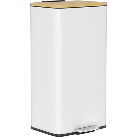 Pour une cuisine bien organisée, poubelle 20L blanche avec pédale et couvercle en bambou (1/5)