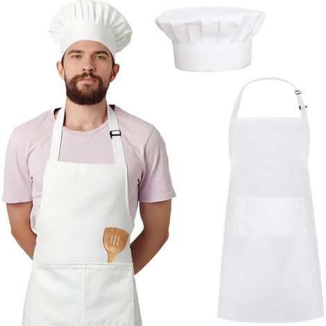 Bardusch-Tablier de cuisine adulte blanc réglable imperméable avec 2 poches + toque de chef élastique, usage barbecue (1/5)