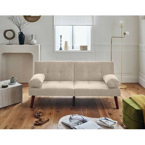 Bestmobilier – Canapé droit 2 places convertible en velours côtelé – Couchage 95x165 cm – Dossier rabattable – Pieds en bois (1/5)