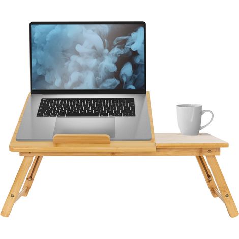 ML-Design Mesa de Bambú Altura Ajustable para Ordenador Portátil Mueble para Cama/Sofá Patas Plegables 4 Ángulos Inclinación Soporte con Cajón y Orificios de Ventilación Pupitres para Leer y Desayunar (1/5)