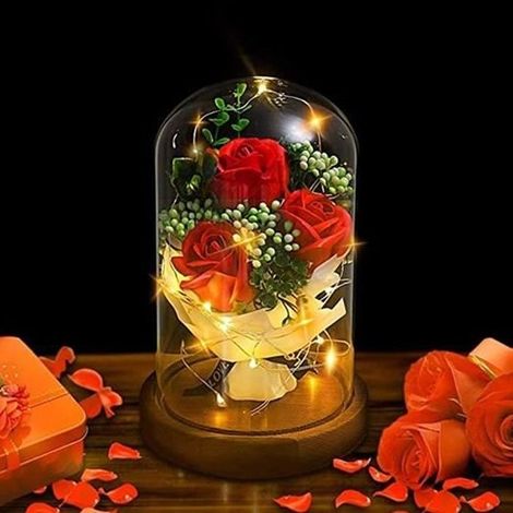Rose éternelle sous cloche de verre avec lumière LED et base - Rouge - Objets décoratifs (1/4)