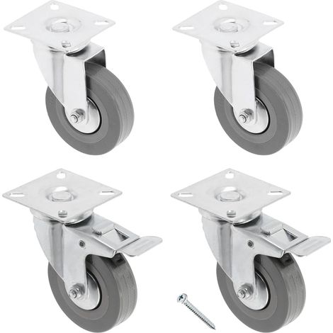 Lot de 4 roulettes pivotantes GREYROLL pour meubles, 2 roulettes avec frein, 2 sans frein, en acier et caoutchouc, + 16 vis PanHead 5 x 15/16, diamètre : 75 mm, couleur : gris (1/5)