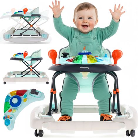 Andador interactivo para bebés con volante, color azul y gris.