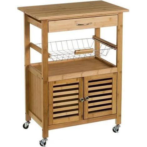 Chariot de cuisine - JUANIO - L60xP36xH80 cm - coloris naturel - 1 tiroir, 1 panier, 2 portes - grand rangement (1/4)