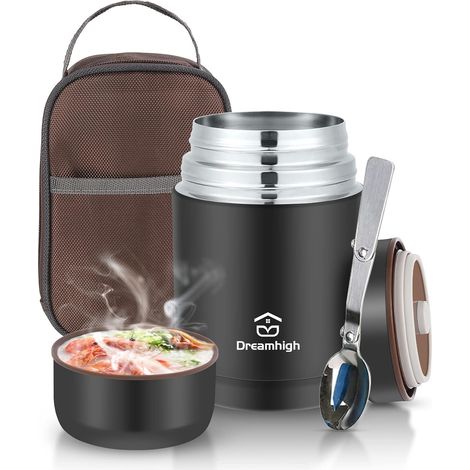 Boîte Alimentaire Isotherme 800ml avec Sac à Lunch, Thermo Isolant Contenant avec Cuillère, Thermos Alimentaire Chaud sans BPA, pour Ecole, Bureau, Camping (Noir) (1/5)