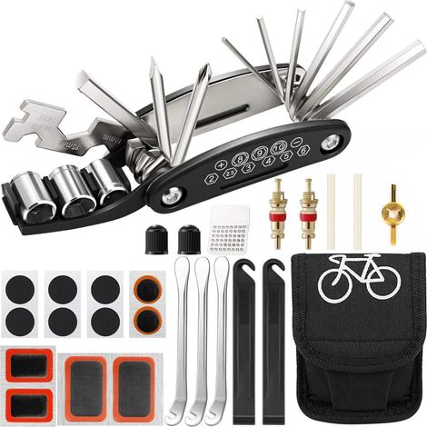 Kit Reparation Velo, Trousse Outils de Vélo, Kit Reparation Pneu Velo, Outil Multifonction 16 en 1,Rustine Velo Accesoire pour Bicyclette, VTT, Cyclisme