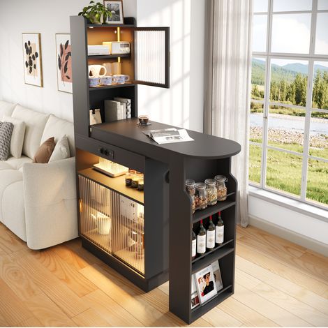 MODFU – Tavolo bar allungabile 131-170 cm in MDF con piano scorrevole, LED Bluetooth, USB/USB-C e vani contenitore – Nero (1/5)