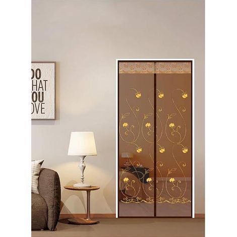 Rideau Moustiquaire Magnétique GROOFOO, Moustiquaire de Porte à Aimants, Filet Fin Anti-Insectes et Anti-Mouches, Fermeture Automatique avec Attache de Rangement (Café Broderie, 120x210 cm) (1/4)