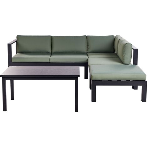 Set da giardino divano 5 posti e tavolo elevabile con struttura bianca e piano in vetro e cuscini nero e verde Messina