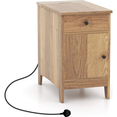 COSTWAY Narrow Nightstand End Table Bedroom w/Charging Station-Natural (1/5)