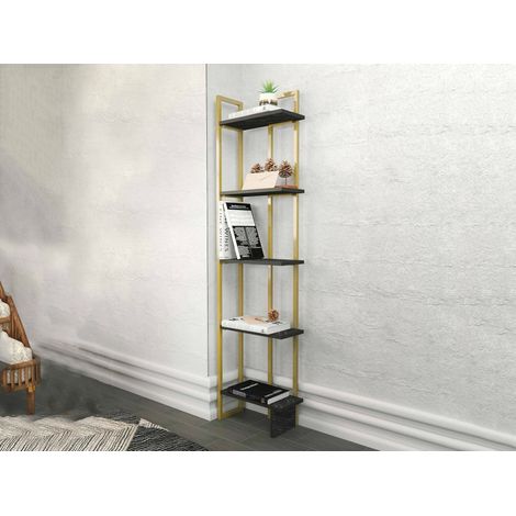 Dmora - Bücherregal Dbradari, Büroregal, Mobiler Buchhalter, Bücherbrett, 45x22h180 cm, Schwarz und Gold (1/4)