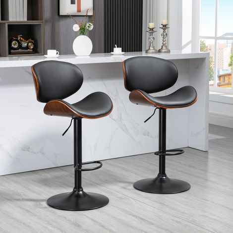 Set aus 2 Barhockern, höhenverstellbar, Bezug aus Synthetikmaterial, 53 x 52 x 92–112 cm, schwarz