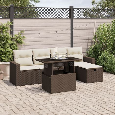 Salon de Jardin 6 Places en Résine Tressée Marron avec Table Réglable, Coussins Amovibles et Repose-Pieds (1/5)