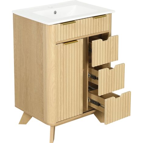 Mobile bagno 61 cm con lavabo in ceramica, 3 cassetti e porta scorrevole, finitura legno naturale (1/5)