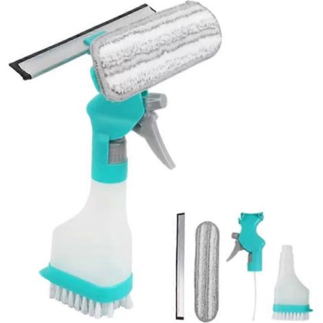 Brosse de nettoyage de vitres 4 en 1 avec spray, raclette double face multifonctionnelle, éponge antidérapante pour le nettoyage des portes et miroirs. (1/4)